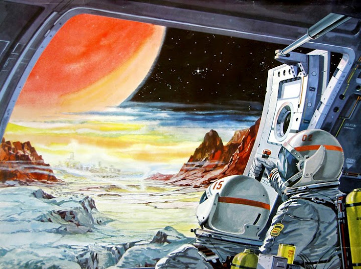 Astronauts looking out from base onto planetoid